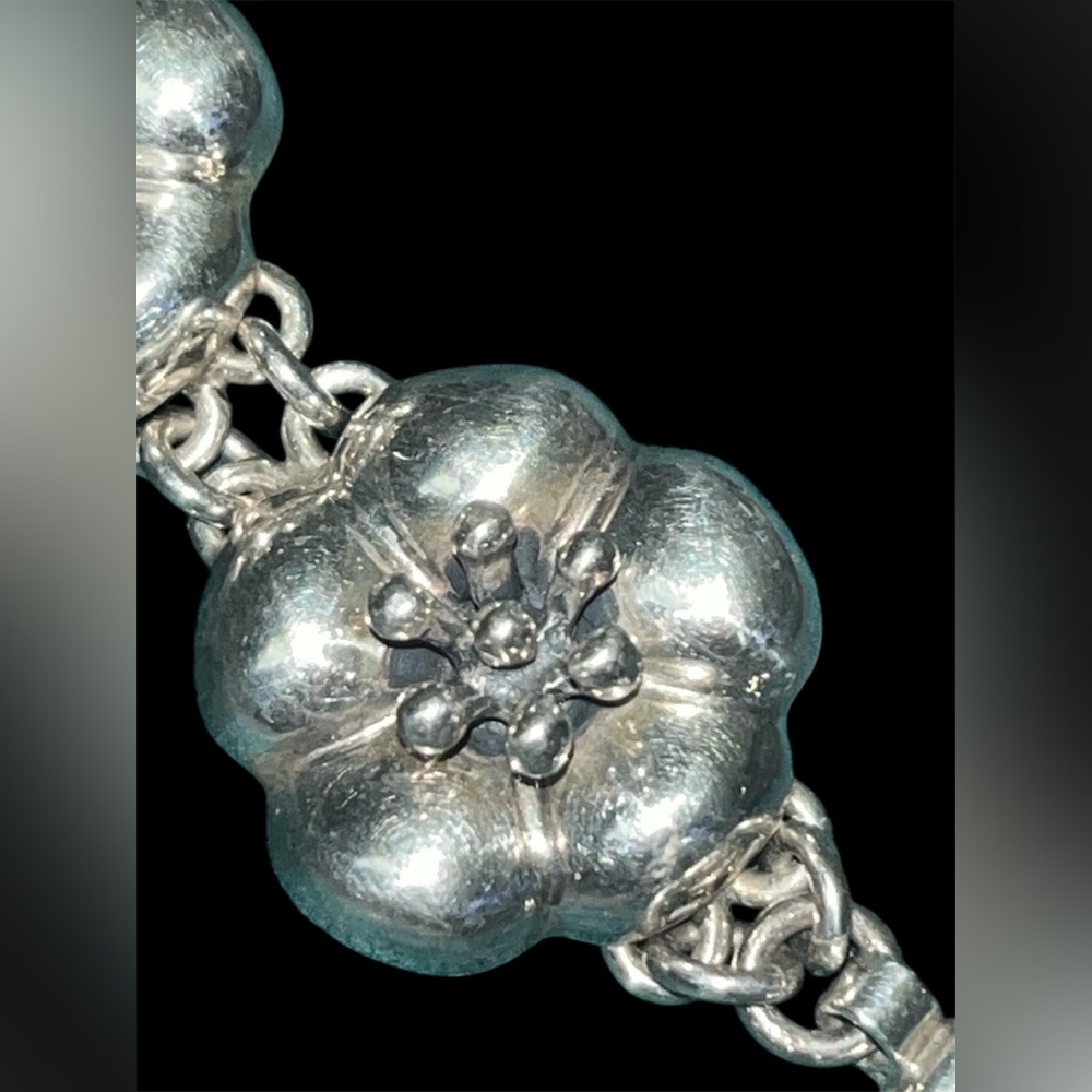 VINTAGE MEXICAN STERLING SILVER 44g Puffed Flower Link Bracelet 7.5” - Picture 3 of 6